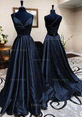 A Line V Neck Spaghetti Straps Long Floor Length Charmeuse Prom Dress Outfits For Women With Pleated