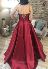 A Line V Neck Spaghetti Straps Long Floor Length Charmeuse Prom Dress Outfits For Women With Pockets
