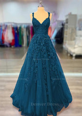 A Line V Neck Spaghetti Straps Long Floor Length Lace Prom Dress Outfits For Women With Beading
