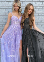 A Line V Neck Spaghetti Straps Long Floor Length Lace Prom Dress Outfits For Women With Split