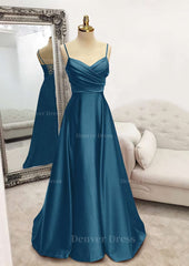 A Line V Neck Spaghetti Straps Long Floor Length Satin Prom Dress Outfits For Women With Pleated
