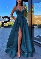 A Line V Neck Spaghetti Straps Long Floor Length Satin Prom Dress Outfits For Women With Split Pockets Beading