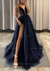 A Line V Neck Spaghetti Straps Long Floor Length Tulle Prom Dress Outfits For Women With Appliqued Glitter Split Left