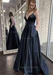 A Line V Neck Spaghetti Straps Sweep Train Charmeuse Prom Dress Outfits For Women With Pockets