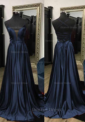 A Line V Neck Spaghetti Straps Sweep Train Charmeuse Prom Dress Outfits For Women With Split