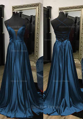 A Line V Neck Spaghetti Straps Sweep Train Charmeuse Prom Dress Outfits For Women With Split