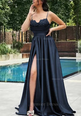 A Line V Neck Spaghetti Straps Sweep Train Satin Prom Dress Outfits For Women With Appliqued Beading Pleated Split