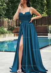 A Line V Neck Spaghetti Straps Sweep Train Satin Prom Dress Outfits For Women With Appliqued Beading Pleated Split