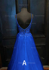 A Line V Neck Spaghetti Straps Sweep Train Tulle Prom Dress Outfits For Women With Appliqued