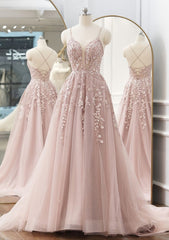 A Line V Neck Spaghetti Straps Sweep Train Tulle Prom Dress Outfits For Women With Appliqued Beading
