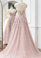 A Line V Neck Spaghetti Straps Sweep Train Tulle Prom Dress Outfits For Women With Appliqued Beading