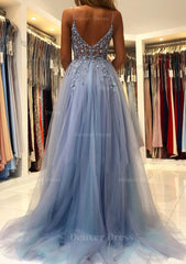 A Line V Neck Spaghetti Straps Sweep Train Tulle Prom Dress Outfits For Women With Beading Sequins Split