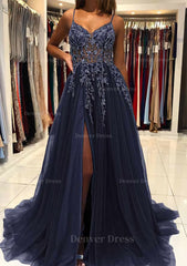 A Line V Neck Spaghetti Straps Sweep Train Tulle Prom Dress Outfits For Women With Beading Sequins Split