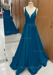 A Line V Neck Sweep Train Satin Prom Dress Outfits For Women With Pleated