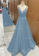 A Line V Neck Sweep Train Satin Prom Dress Outfits For Women With Pleated