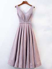 A Line V Neck Tea Length Gray/Pink Prom Dresses For Black girls For Women, Shiny Tea Length Formal Dresses