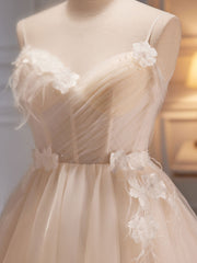 A-Line V Neck Tulle Light Champagne Short Prom Dress Outfits For Girls, Champagne Homecoming Dress
