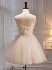 A-Line V Neck Tulle Light Champagne Short Prom Dress Outfits For Girls, Champagne Homecoming Dress