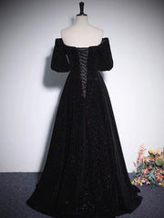 A-Line V Neck Velvet Black Long Prom Dress Outfits For Girls, Black Formal Evening Dress