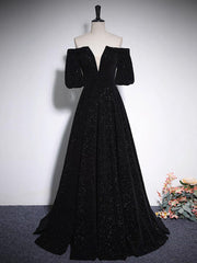 A-Line V Neck Velvet Black Long Prom Dress Outfits For Girls, Black Formal Evening Dress