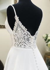 A Line V Neck White Wedding Dresses For Black girls with Sweep Train, White Formal Evening Prom Dresses