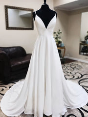 A Line V Neck White Wedding Dresses For Black girls with Sweep Train, White Formal Evening Prom Dresses