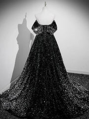 A-Line Velvet Sequin Long Black Prom Dress Outfits For Girls, Black Long Evening Dress