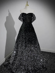 A-Line Velvet Sequin Long Black Prom Dress Outfits For Girls, Black Long Evening Dress
