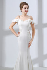 A-Line White Satin Short Sleeve Off the Shoulder Prom Dresses