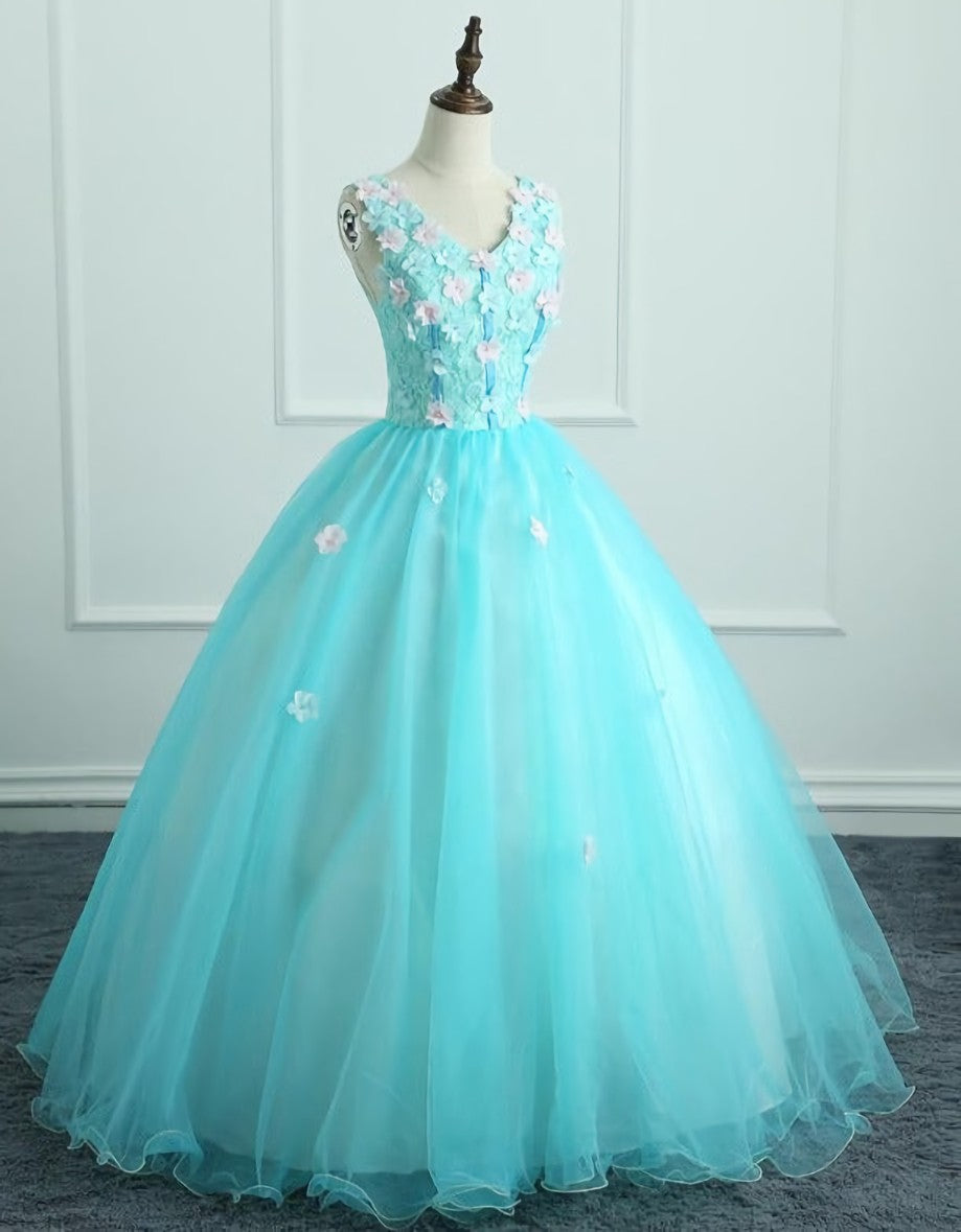 Adorable Light Blue Tulle with Flowers Floor Length Ball Gown Formal Dress Outfits For Girls, Blue Sweet 16 Dresses