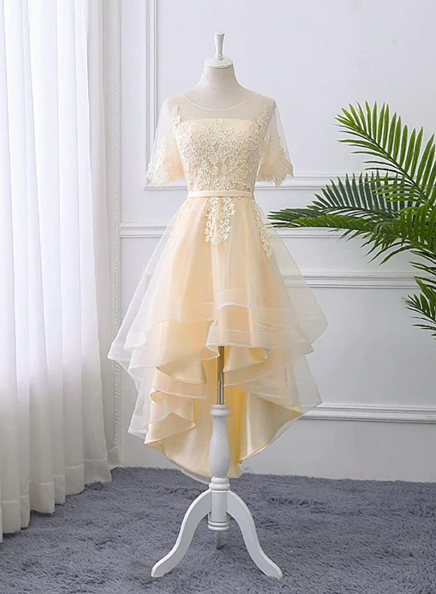 Adorable Light Champagne High Low Party Dress Outfits For Women with Lace Applique, Short Homecoming Dress