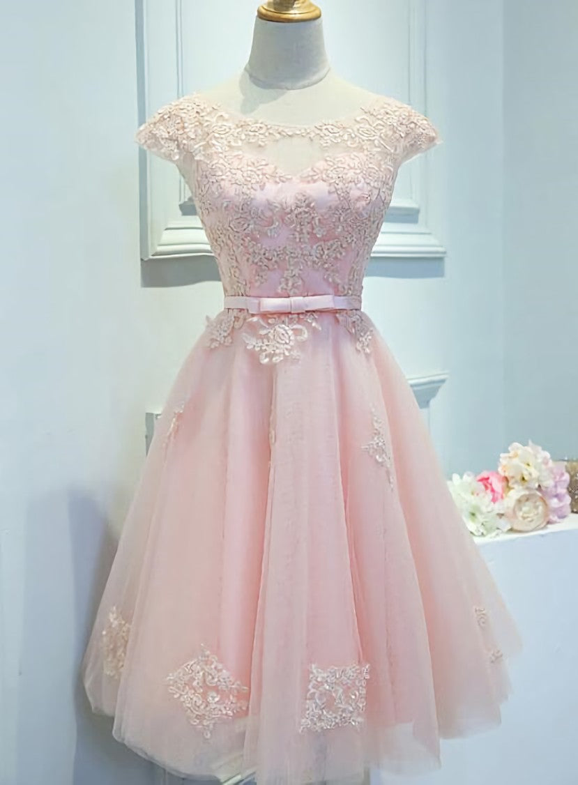 Adorable Pink Knee Length Party Dress Outfits For Girls, Lace Applique Cute Homecoming Dress