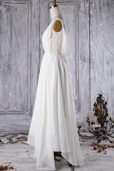 Affordable A-line Asymmetric Lace Chiffon Open Back Wedding Dress