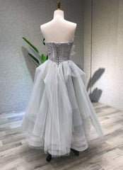 Aline Tea Length Gray Prom Dress Outfits For Girls, Gray Tulle Homecoming Dress