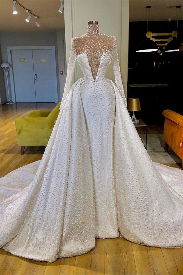 Amazing High Neck Long Sleeves Pearls Wedding Dress With Detachable Skirt