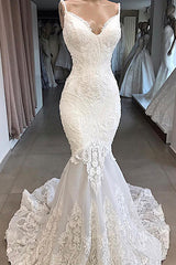 Amazing Long Mermaid Appliques Tulle Backless Wedding Dress