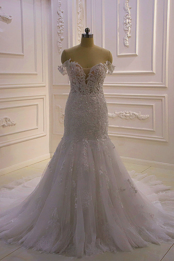Amazing White 3D Lace applique Off the Shoulder Mermaid Bridal Gowns