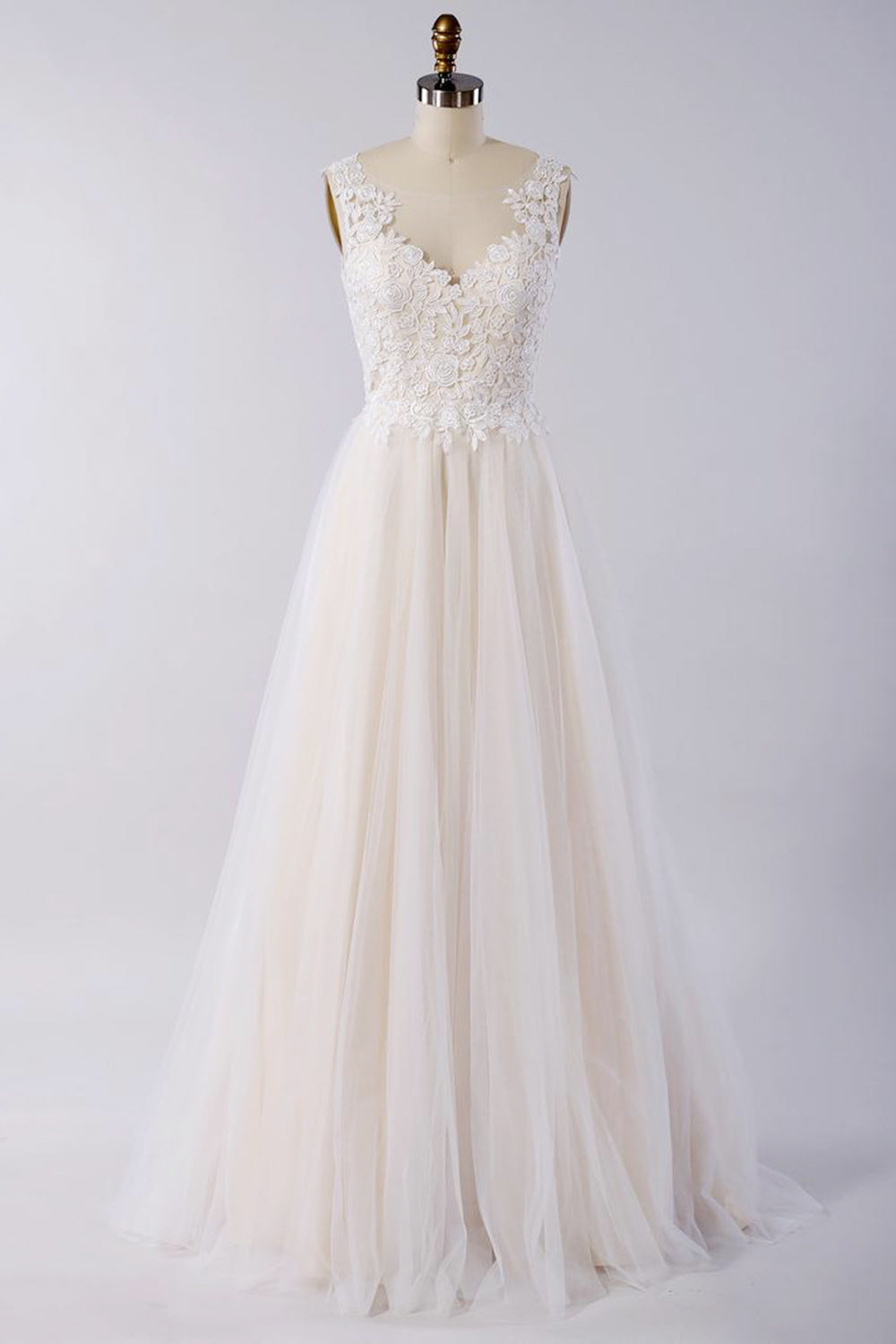 Awesome Long A-line Appliques Lace Tulle Open Back Wedding Dress