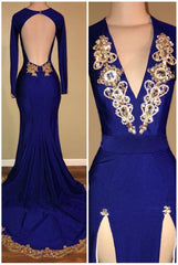 royal blue long sleeve prom dresses gold beads mermaid evening dress with slit