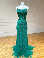 Backless Green Lace Mermaid Prom Dresses For Black girls For Women, Open Back Mermaid Lace Formal Evening Dresses