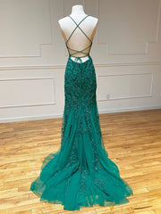 Backless Green Mermaid Lace Prom Dresses For Black girls For Women, Open Back Green Lace Mermaid Formal Evening Dresses