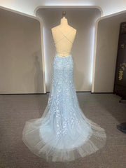 Backless Light Blue Lace Prom Dresses For Black girls For Women, Open Back Light Blue Lace Formal Evening Dresses