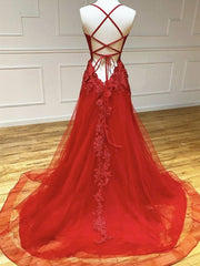 Backless Red Lace Prom Dresses For Black girls For Women, Open Back Red Lace Formal Evening Dresses