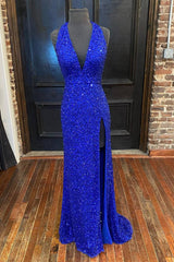 Backless Royal Blue Sequin Prom Gown with Slit,Formal Dress Outfits For Women with Sequins