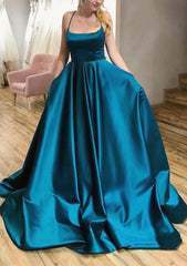 Ball Gown A Line Square Neckline Spaghetti Straps Sweep Train Satin Prom Dress Outfits For Women With Pleated Pockets
