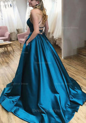 Ball Gown A Line Square Neckline Spaghetti Straps Sweep Train Satin Prom Dress Outfits For Women With Pleated Pockets