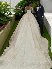 Ball Gown Bateau Sweep Train Satin Wedding Dresses For Black girls With Appliques Lace
