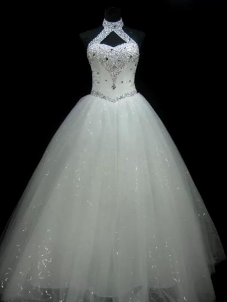 Ball-Gown Halter Beading Floor-Length Tulle Wedding Dress