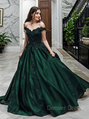 Ball Gown Off-the-Shoulder Floor-Length Satin Prom Dresses For Black girls With Appliques Lace
