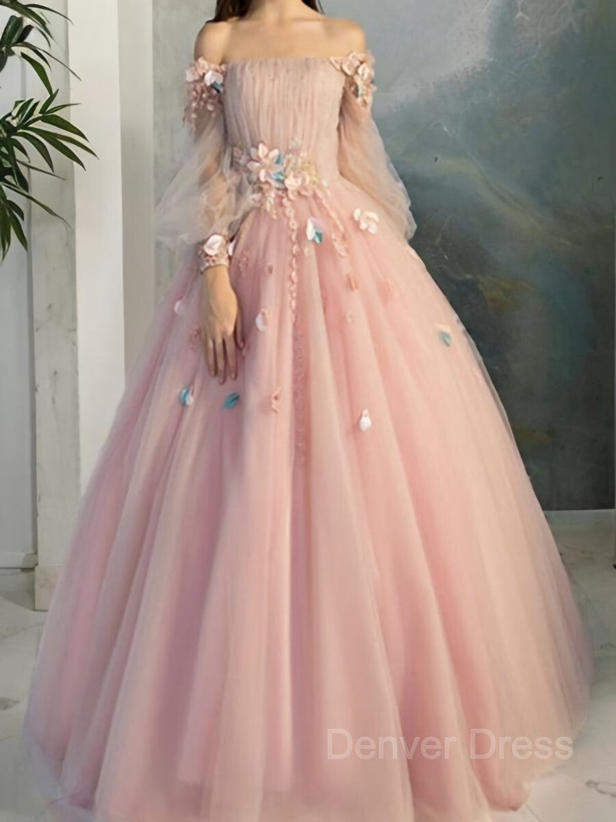 Ball Gown Off-the-Shoulder Floor-Length Tulle Prom Dresses For Black girls With Flower